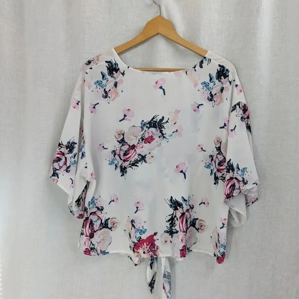 White floral flowy tunic with a knot front, oversized fit Womens size Large T18 - Picture 6 of 10